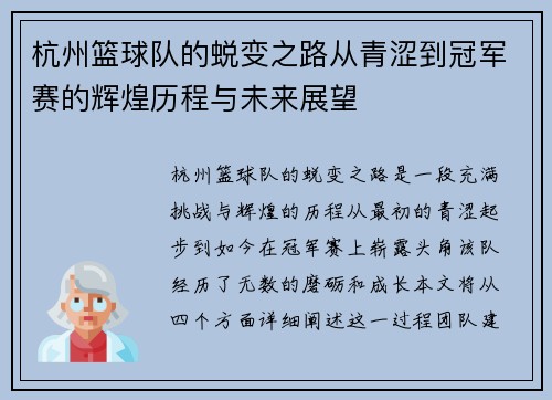 杭州篮球队的蜕变之路从青涩到冠军赛的辉煌历程与未来展望