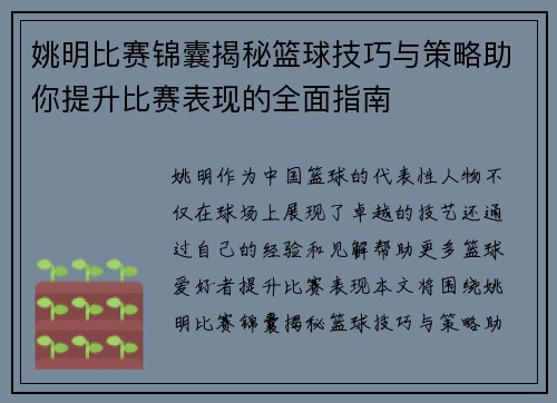姚明比赛锦囊揭秘篮球技巧与策略助你提升比赛表现的全面指南